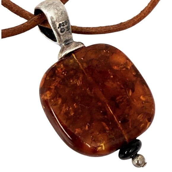 VTG Baltic Amber Pendant Necklace 16" 925 Sterling Silver Leather Thailand - Picture 2 of 13